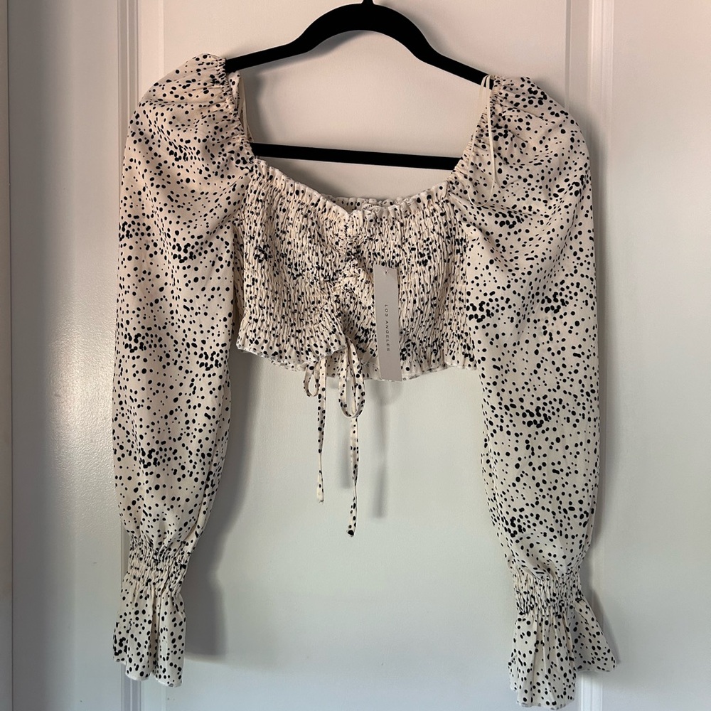 Timing Los Angeles White and Black polka dot cropped blouse